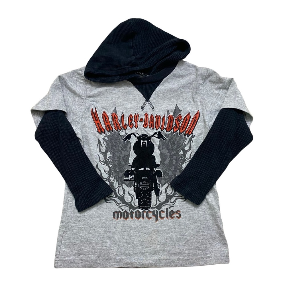 Harley Davidson Motorcycle Hooded Long Sleeve Gray Black Shirt Boys 4 / 5 ?